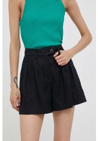 Sisley szorty lniane kolor czarny gładkie high waist. Stan: podwyższony. Kolor: czarny. Materiał: len. Wzór: gładki #1