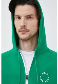 BOSS bluza BOSS GREEN męska kolor zielony z kapturem z nadrukiem. Typ kołnierza: kaptur. Kolor: zielony. Materiał: poliester. Długość rękawa: raglanowy rękaw. Wzór: nadruk #3