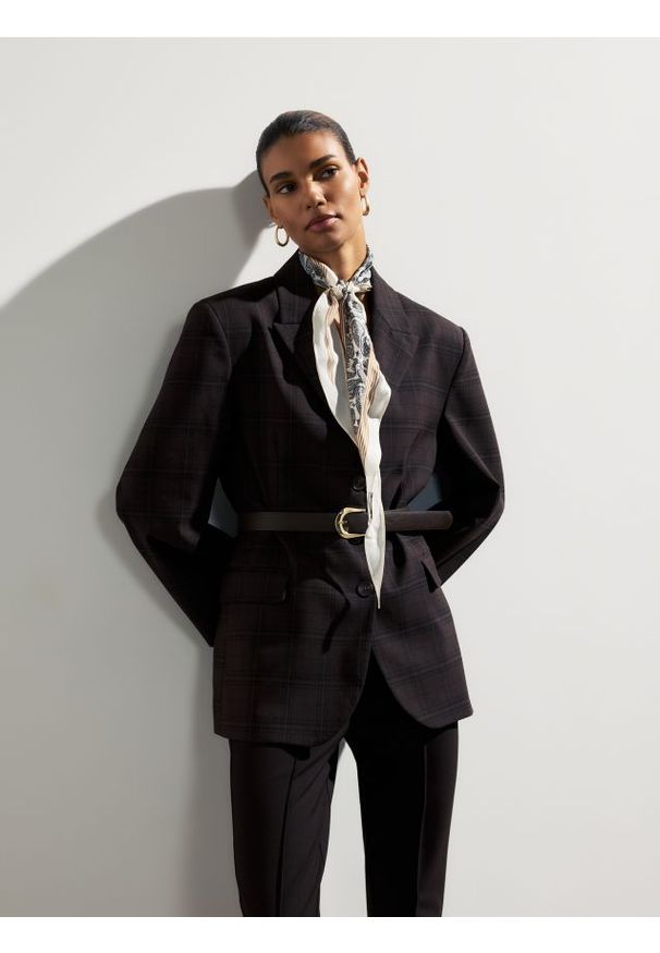 Reserved - Jednorzędowa marynarka w kratę - ciemnobrązowy. Kolor: brązowy. Materiał: tkanina, wiskoza