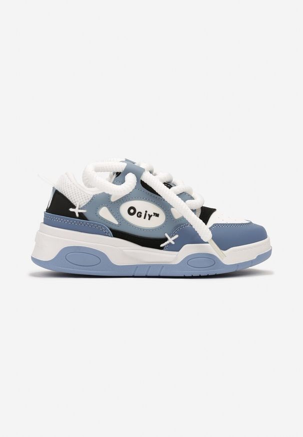 Born2be - Niebieskie Płaskie Sneakersy z Szerokimi Sznurowadłami Teniefra. Okazja: na co dzień. Kolor: niebieski. Materiał: jeans, bawełna. Wzór: aplikacja, geometria. Obcas: na obcasie. Wysokość obcasa: niski