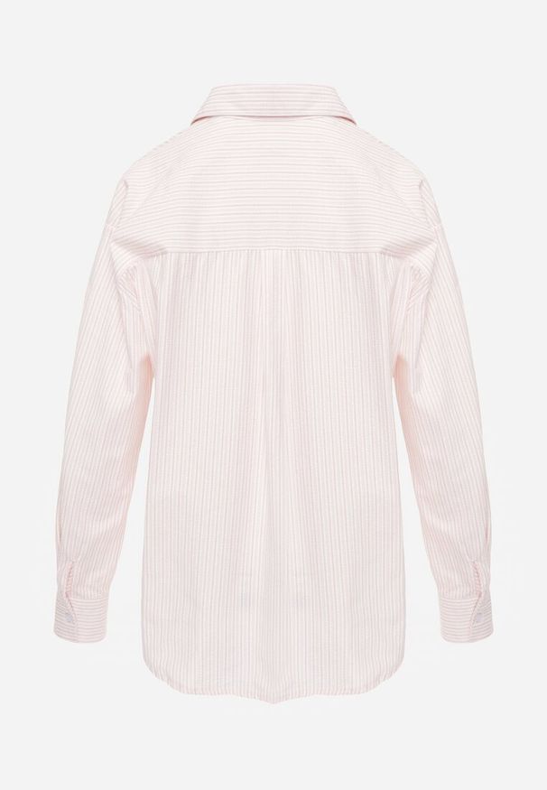 Renee - Różowa Koszula z Bawełną w Paski z Haftowaną Aplikacją Serca Sewrona. Okazja: na co dzień. Kolor: różowy. Materiał: bawełna. Wzór: aplikacja, haft, paski. Styl: casual, klasyczny