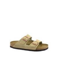 Klapki damskie Birkenstock Arizona. Zapięcie: klamry. Kolor: beżowy. Materiał: materiał. Szerokość cholewki: normalna. Sport: turystyka piesza