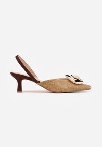 Renee - Brązowe Sandały Slingback na Kaczuszce z Tweedowymi Wstawkami i Kwiatem 3D Zehe. Okazja: na co dzień, na imprezę. Zapięcie: bez zapięcia. Kolor: brązowy. Materiał: jeans, koronka. Wzór: kwiaty. Obcas: na szpilce. Styl: casual, elegancki #9