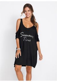 bonprix - Prześwitująca sukienka plażowa. Okazja: na plażę. Kolor: czarny. Wzór: nadruk. Styl: elegancki #1