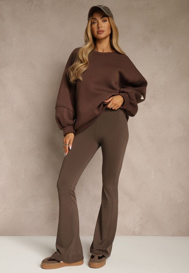Renee - Brązowe Spodnie High Waist z Elastycznego Materiału z Gumką w Talii Dorra. Okazja: na co dzień, do pracy. Stan: podwyższony. Kolor: brązowy. Materiał: materiał. Styl: casual, elegancki, wizytowy