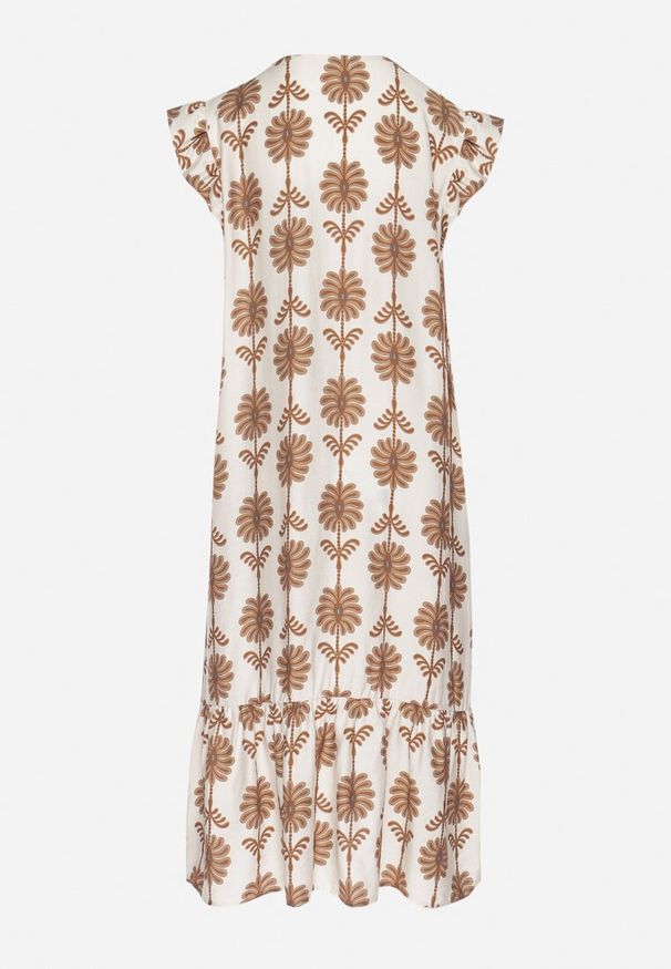 Born2be - Biało-Beżowa Kwiatowa Sukienka z Bawełną i Falbanką Efanelia. Okazja: na spacer, na imprezę. Typ kołnierza: dekolt w serek. Kolor: beżowy. Materiał: bawełna. Wzór: kwiaty. Sezon: wiosna, lato. Typ sukienki: proste. Styl: elegancki