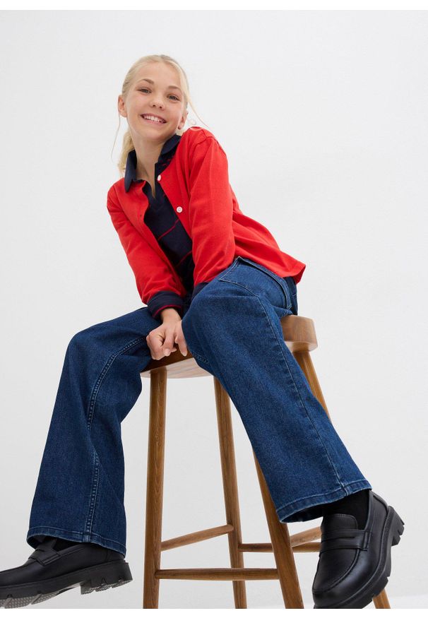 bonprix - Shirt polo z bawełny organicznej. Typ kołnierza: polo. Kolor: niebieski. Materiał: bawełna. Długość rękawa: długi rękaw. Długość: długie
