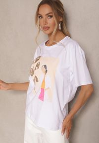 Renee - Biały T-shirt Oversize z Bawełny z Ozdobnym Nadrukiem Danilna. Kolor: biały. Materiał: bawełna. Wzór: nadruk