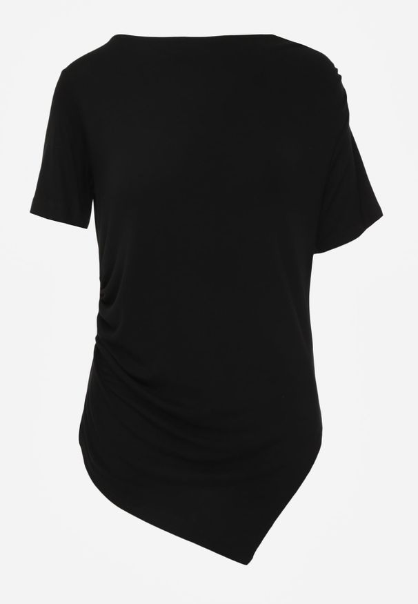 Renee - Czarna Asymetryczna Bluzka z Wiskozy z Krótkim Rękawem Zdobiona Marszczeniem Undishi. Okazja: na co dzień. Kolor: czarny. Materiał: wiskoza. Długość rękawa: krótki rękaw. Długość: krótkie. Wzór: aplikacja. Styl: wizytowy, casual, elegancki