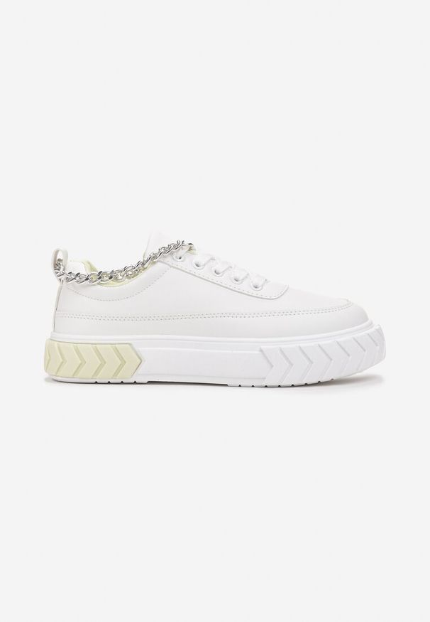 Renee - Biało-Żółte Sneakersy na Tłoczonej Platformie Ozdobione Łańcuchem Jaihini. Kolor: biały. Wzór: aplikacja. Obcas: na platformie