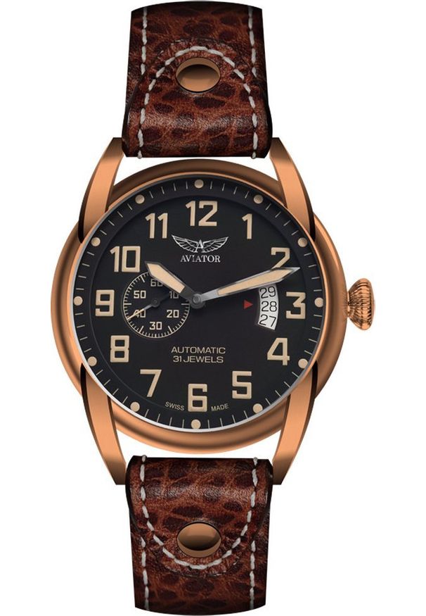 AVIATOR - Zegarek Aviator Zegarek męski Aviator V.3.18.8.162.4 brązowy. Kolor: brązowy