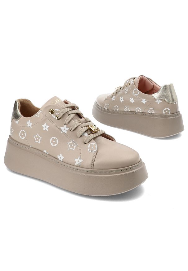 Beżowe Sneakersy Libero Półbuty Damskie Premium. Okazja: na co dzień. Kolor: beżowy. Materiał: skóra. Wzór: kwiaty. Styl: elegancki, casual