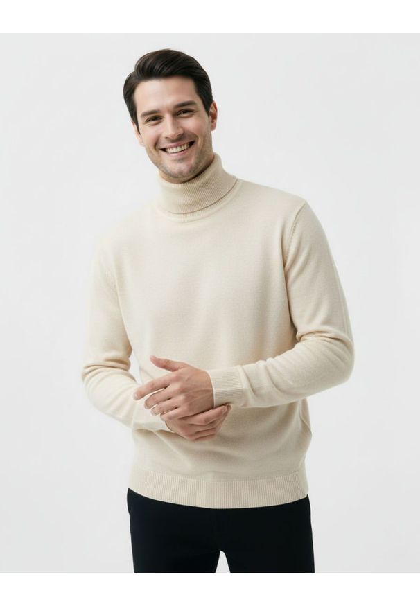 Elegancki Golf Męski - Brave Soul - Kremowy (Śmietankowy). Typ kołnierza: golf. Kolor: kremowy. Materiał: bawełna. Sezon: jesień, zima. Styl: elegancki