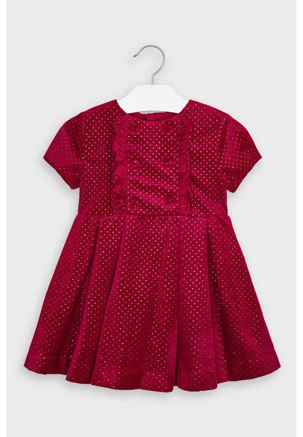 Mayoral - Sukienka dziecięca 92-134 cm. Kolor: czerwony. Materiał: tkanina, bawełna, poliester, materiał. Długość rękawa: krótki rękaw. Wzór: gładki. Typ sukienki: rozkloszowane. Długość: mini
