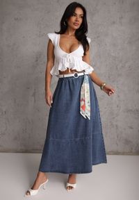 Renee - Granatowa Bawełniana Spódnica Jeansowa o Rozkloszowanym Kroju z Ozdobnym Paskiem Eatiane. Okazja: na co dzień. Kolor: niebieski. Materiał: jeans, bawełna. Styl: casual, klasyczny #8