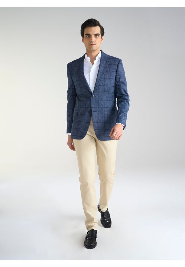 Pako Lorente - PAKO LORENTE – Granatowa marynarka męska w kratkę. Okazja: na co dzień. Kolor: niebieski. Materiał: bawełna, wełna, len. Wzór: kratka. Styl: casual, elegancki, sportowy