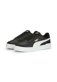 Puma - Damskie sneakersy Carina 2.0 PUMA Black White Silver Metallic. Kolor: biały, wielokolorowy, czarny, szary. Materiał: skóra, materiał. Szerokość cholewki: normalna. Sport: turystyka piesza