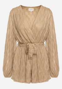Born2be - Ciemnobeżowy Kombinezon o Kopertowym Kroju Zdobiony Błyszczącą Nitką i Wiązany w Pasie Venvina. Kolor: beżowy. Materiał: skóra. Wzór: aplikacja. Styl: elegancki #2