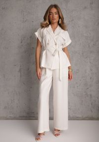 Renee - Biały Wiskozowy Komplet z Lnem Spodnie Wide Leg i Bluzka o Kroju Marynarki Daprise. Kolor: biały. Materiał: wiskoza, len #7