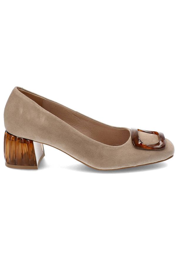 Beżowe Czółenka Espirito Damskie Eleganckie Obuwie. Okazja: na co dzień. Kolor: beżowy. Materiał: skóra, zamsz. Szerokość cholewki: normalna. Wzór: aplikacja. Obcas: na obcasie. Styl: elegancki. Wysokość obcasa: średni