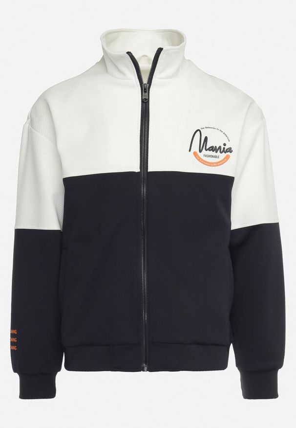 Born2be - Biało-Granatowa Kurtka Dresowa z Wysokim Kołnierzem i Nadrukiem Lwanes. Kolor: biały. Materiał: dresówka. Wzór: nadruk. Styl: sportowy