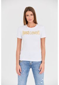 Just Cavalli - JUST CAVALLI Biały damski t-shirt Logo Gold, Rozmiar L. Kolor: biały