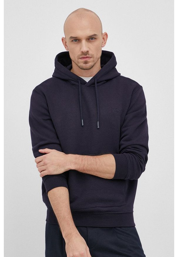 Guess Bluza męska kolor granatowy z kapturem gładka. Typ kołnierza: kaptur. Kolor: niebieski. Materiał: bawełna. Wzór: gładki