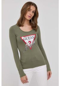 Guess longsleeve damski kolor zielony. Okazja: na co dzień. Kolor: zielony. Materiał: dzianina. Długość rękawa: długi rękaw. Wzór: aplikacja. Styl: casual #4