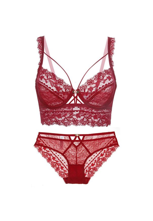 Intica - Komplet bielizny push-up z koronką i podtrzymaniem biustu Hildagarde. Kolor: czerwony. Materiał: koronka. Wzór: koronka