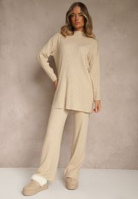 Renee - Beżowy Komplet z Dzianiny z Bawełną Spodnie Wide Leg i Sweter Lanneia. Kolekcja: plus size. Kolor: beżowy. Materiał: bawełna, dzianina