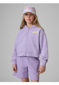 4f - 4F Bluza dresowa loose z kapturem dziewczęca - fioletowa 122/128 (6-8 lat). Okazja: na co dzień, na uczelnię, na spacer. Typ kołnierza: kaptur. Kolor: fioletowy. Materiał: dresówka. Sezon: lato. Styl: casual #1