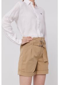 Calvin Klein Szorty damskie kolor beżowy gładkie high waist. Okazja: na co dzień. Stan: podwyższony. Kolor: beżowy. Materiał: tkanina. Wzór: gładki. Styl: casual #4