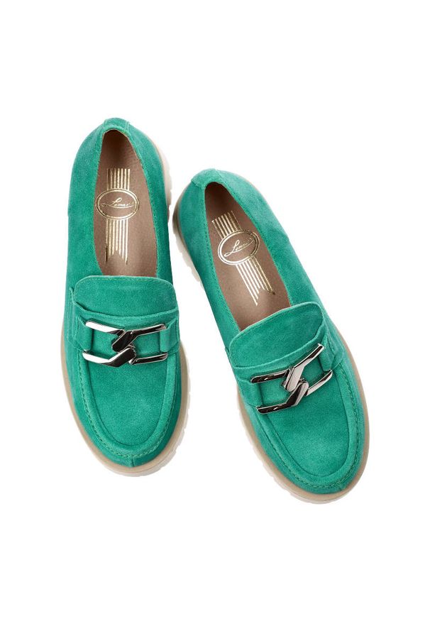 Zielone Półbuty Lemar Modne Skórzane Obuwie. Okazja: na co dzień. Zapięcie: klamry, bez zapięcia. Kolor: zielony. Szerokość cholewki: normalna. Wzór: aplikacja. Materiał: skóra. Obcas: na obcasie. Styl: casual, elegancki, street, klasyczny. Wysokość obcasa: niski