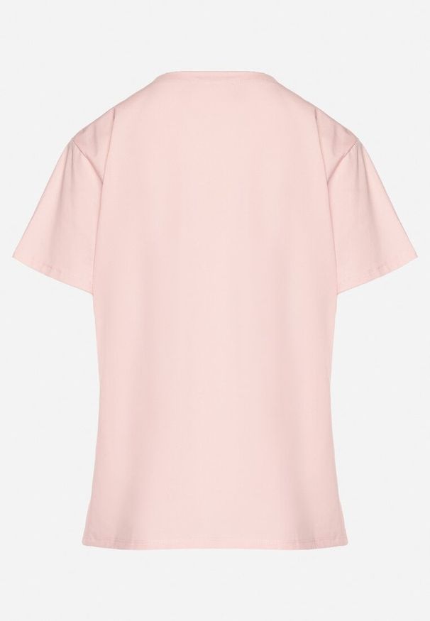 Born2be - Różowy T-shirt z Bawełny Ozdobiony Cekinami i Cyrkoniami Camiren. Okazja: na co dzień. Kolor: różowy. Materiał: bawełna. Wzór: aplikacja. Styl: elegancki, casual