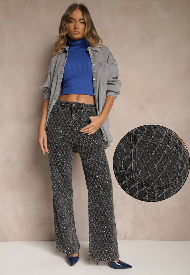 Renee - Szare Szerokie Jeansy High Waist z Cyrkoniowymi Zdobieniami Zarilene. Stan: podwyższony. Kolor: szary. Wzór: aplikacja. Styl: glamour, klasyczny