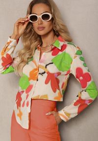 Renee - Beżowo-Zielona Bawełniana Koszula w Abstrakcyjny Wzór Bellanight. Kolor: beżowy. Materiał: bawełna