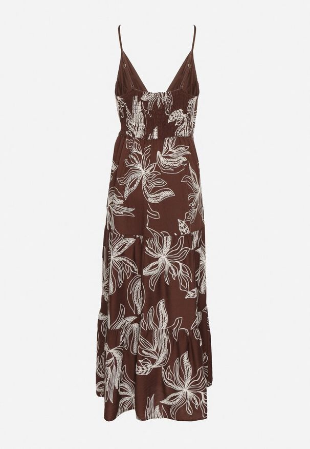 Born2be - Brązowa Kopertowa Sukienka z Wiskozą Ozdobiona Haftami i Sznurkiem Liramene. Okazja: na co dzień. Kolor: brązowy. Materiał: wiskoza. Długość rękawa: na ramiączkach. Wzór: aplikacja, haft. Typ sukienki: kopertowe. Styl: casual, elegancki