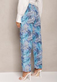 Renee - Niebiesko-Szare Spodnie z Wiskozy z Szerokimi Nogawkami Ozdobione Wzorem w Egzotyczne Liście Filea. Kolor: niebieski. Materiał: wiskoza. Wzór: aplikacja