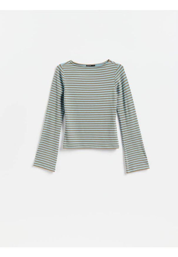 Reserved - Dzianinowy longsleeve w paski - jasnoniebieski. Kolor: niebieski. Materiał: dzianina. Długość rękawa: długi rękaw. Wzór: paski