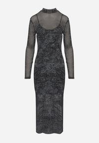 Born2be - Czarno-Szara Siateczkowa Sukienka z Wiskozą o Dopasowanym Kroju z Rozcięciami i Halką Histaria. Okazja: na randkę, na spotkanie biznesowe. Kolor: czarny. Materiał: wiskoza. Długość rękawa: na ramiączkach. Typ sukienki: proste. Styl: biznesowy, klasyczny #4