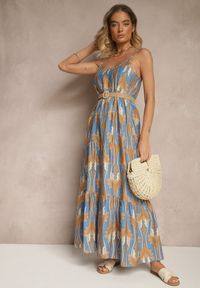 Renee - Niebiesko-Beżowa Sukienka w Stylu Boho z Cienkimi Regulowanymi Ramiączkami Tosena. Okazja: na co dzień. Kolor: niebieski. Długość rękawa: na ramiączkach. Sezon: lato. Styl: boho. Długość: maxi #4