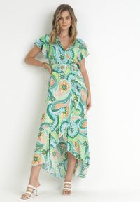 Born2be - Zielona Bawełniana Sukienka Maxi z Kopertowym Dekoltem i Materiałowym Paskiem Nadalynn. Kolor: zielony. Materiał: bawełna, materiał. Sezon: wiosna, lato. Typ sukienki: kopertowe. Długość: maxi #5