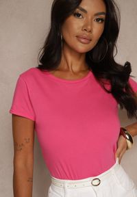 Renee - Fuksjowy Bawełniany Casualowy T-shirt Arpollia. Okazja: na co dzień. Kolor: różowy. Materiał: bawełna. Styl: casual