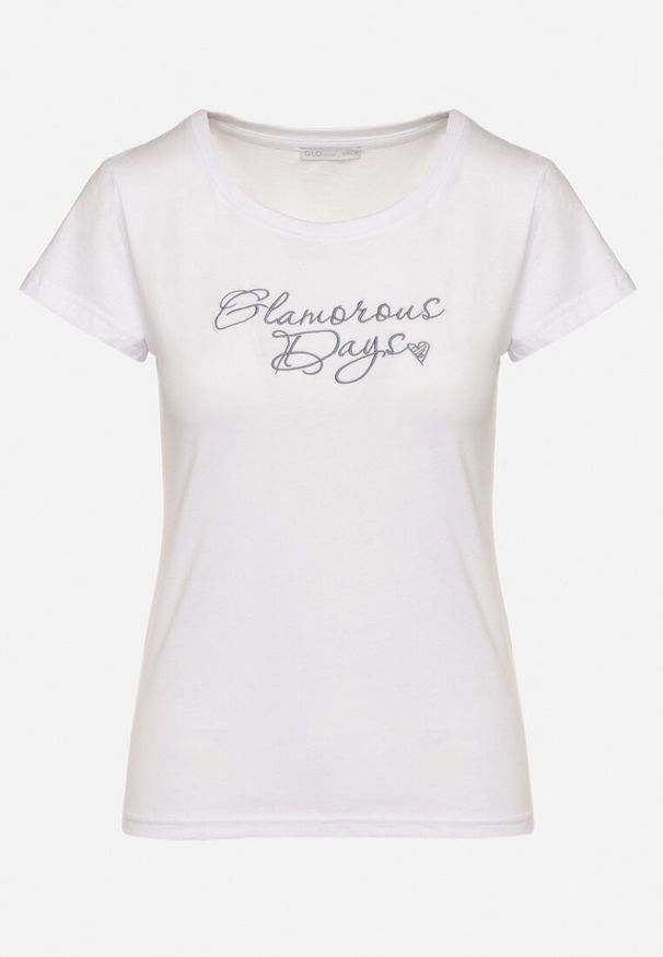 Born2be - Biały T-shirt z Bawełny z Ozdobnym Napisem Asemi. Okazja: na co dzień. Kolor: biały. Materiał: bawełna. Wzór: napisy. Styl: casual