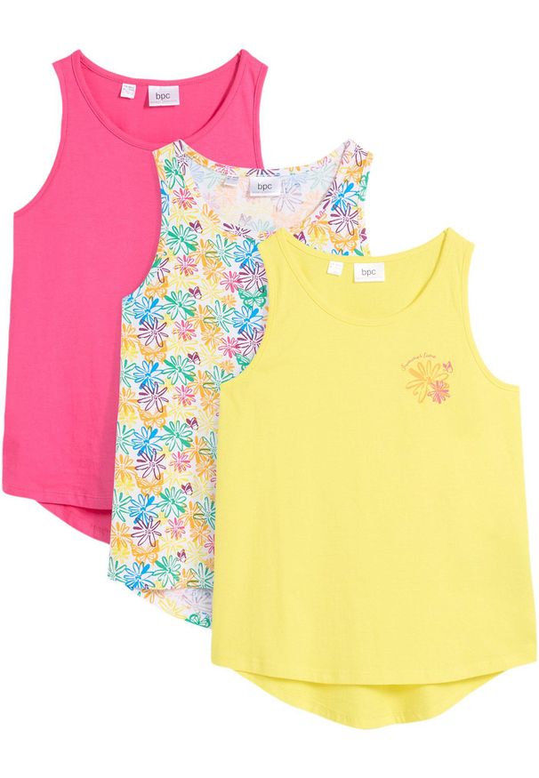 bonprix - Top dziewczęcy (3 szt.) z dżerseju z bawełny organicznej. Kolor: żółty. Materiał: jersey, bawełna. Wzór: nadruk. Sezon: lato
