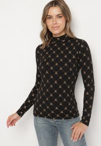 Born2be - Czarna Bawełniana Bluzka z Półgolfem Typu Longsleeve z Geometrycznym Wzorem Tilianna. Okazja: na imprezę, na spotkanie biznesowe, do pracy, na co dzień. Kolor: czarny. Materiał: bawełna. Długość rękawa: długi rękaw. Wzór: geometria. Styl: klasyczny, biznesowy, casual, elegancki #4