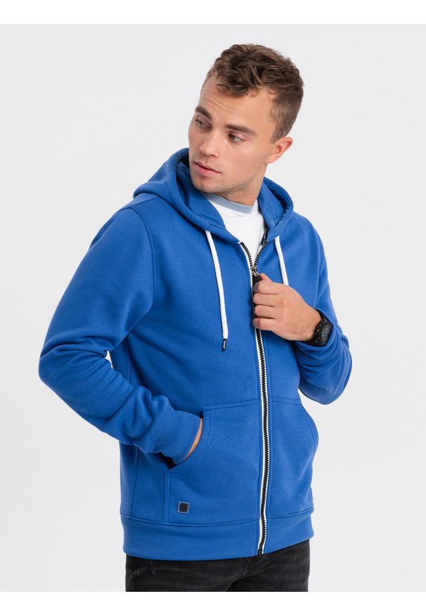 Ombre Clothing - Bluza męska rozpinana z kapturem BASIC - niebieska V9 OM-SSBZ-0118 - XXL. Typ kołnierza: kaptur. Kolor: niebieski. Materiał: bawełna, poliester