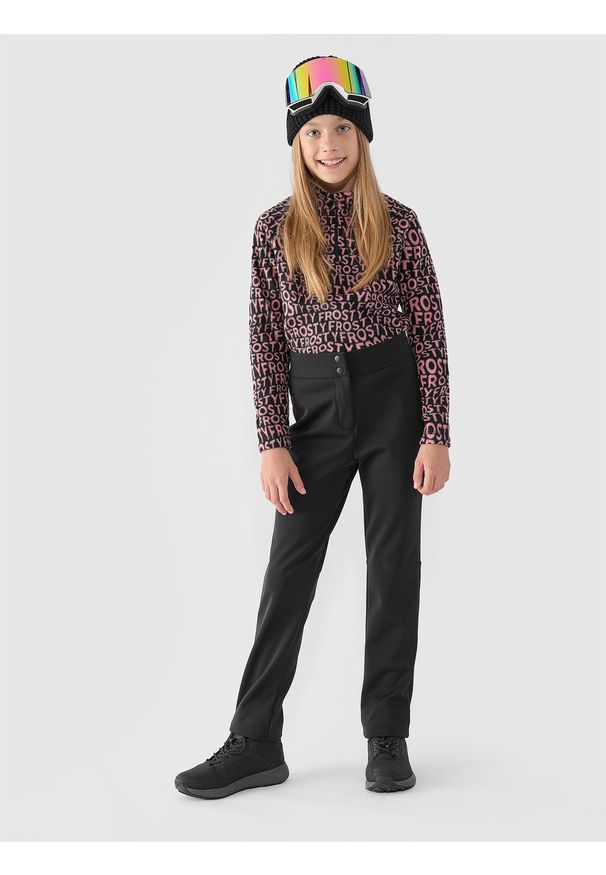 4f - 4F Spodnie narciarskie softshellowe membrana 5000 dziewczęce - czarne 134 (8-9 lat). Kolor: czarny. Materiał: tkanina, materiał, softshell, dzianina, syntetyk. Technologia: Windstopper. Sezon: lato. Sport: narciarstwo