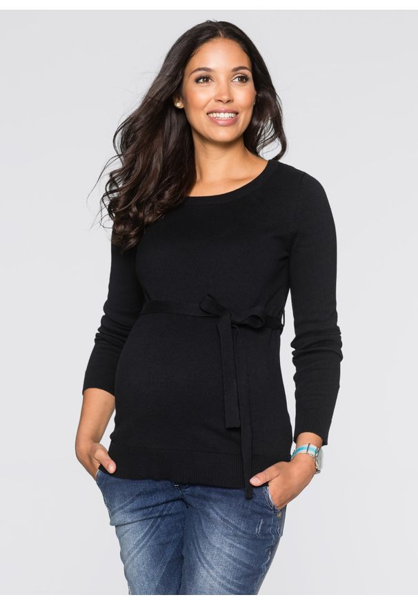 bonprix - Sweter ciążowy z 100% bawełny, z wiązanym paskiem. Kolekcja: moda ciążowa. Kolor: czarny. Materiał: bawełna