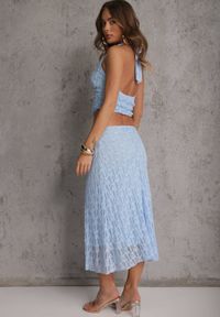 Renee - Niebieski Komplet z Koronki Spódnica i Top z Wiązaniem na Szyi Dainetia. Kolor: niebieski. Materiał: koronka. Wzór: koronka #8